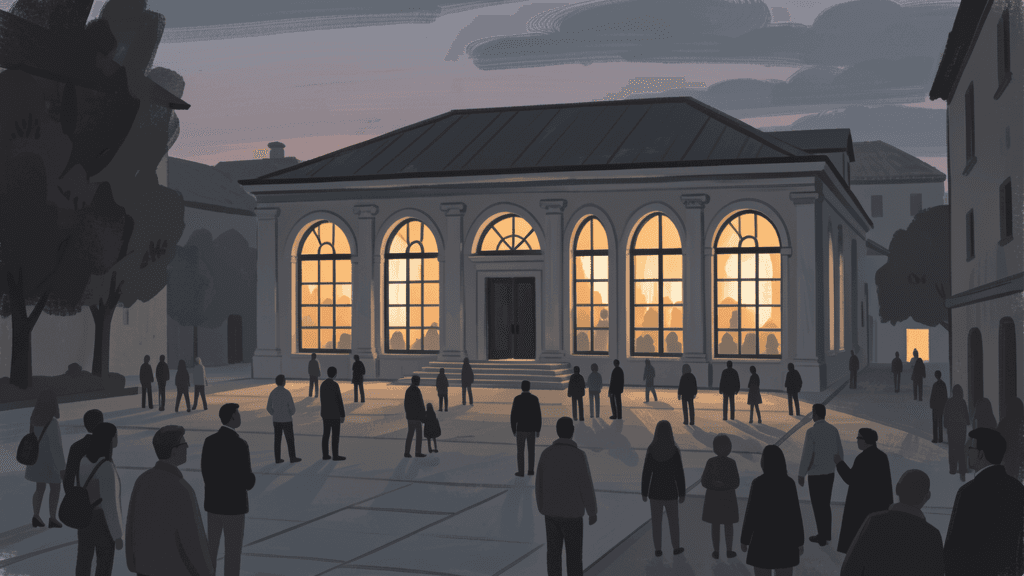 Town hall with warm light on plaza — The Colony community