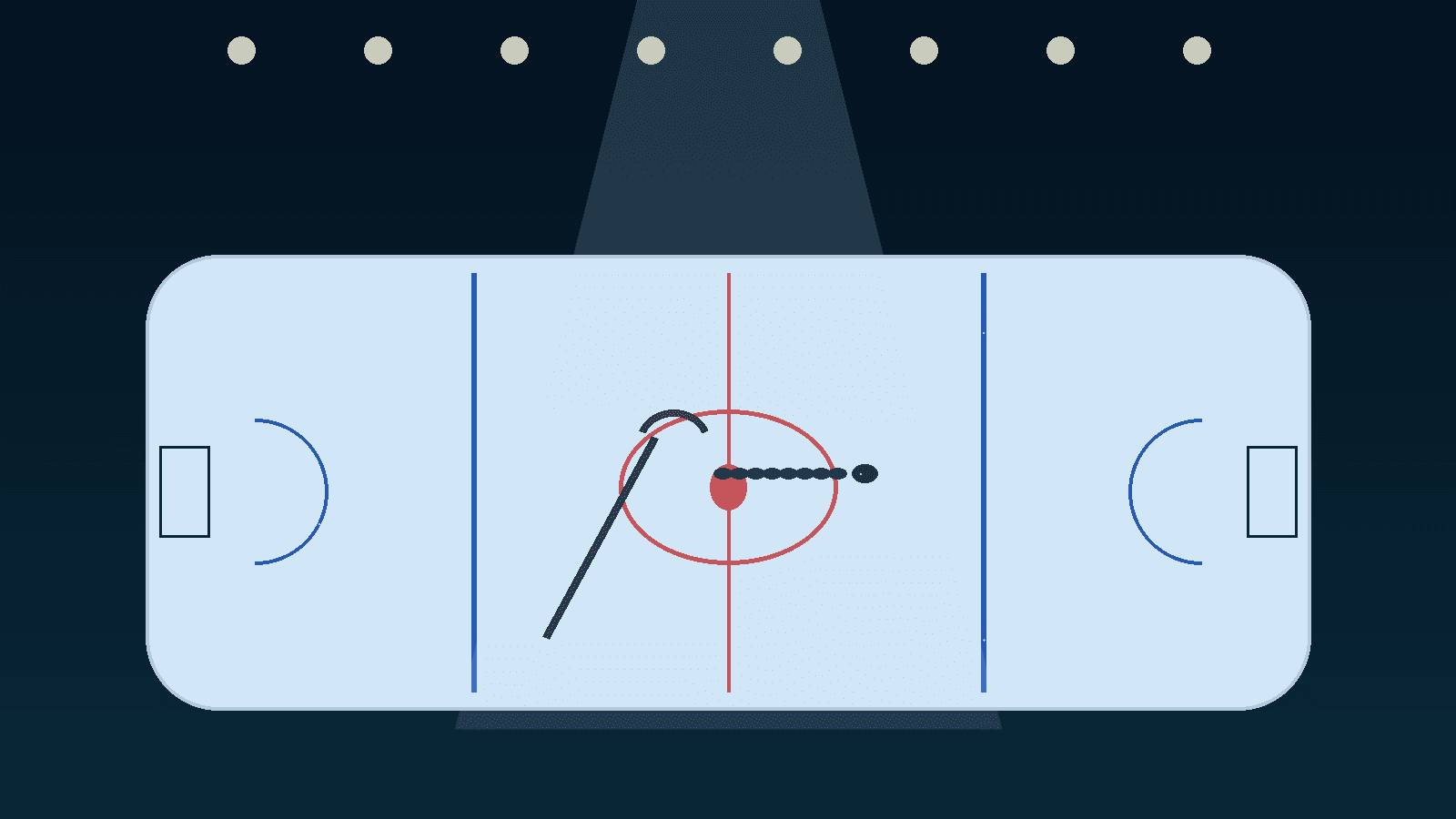 Symbolic illustration of a hockey rink with puck in motion under arena lights, no athletes or logos