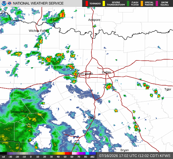 Latest National Weather Service radar for North Texas (KFWS radar). Source: radar.weather.gov.