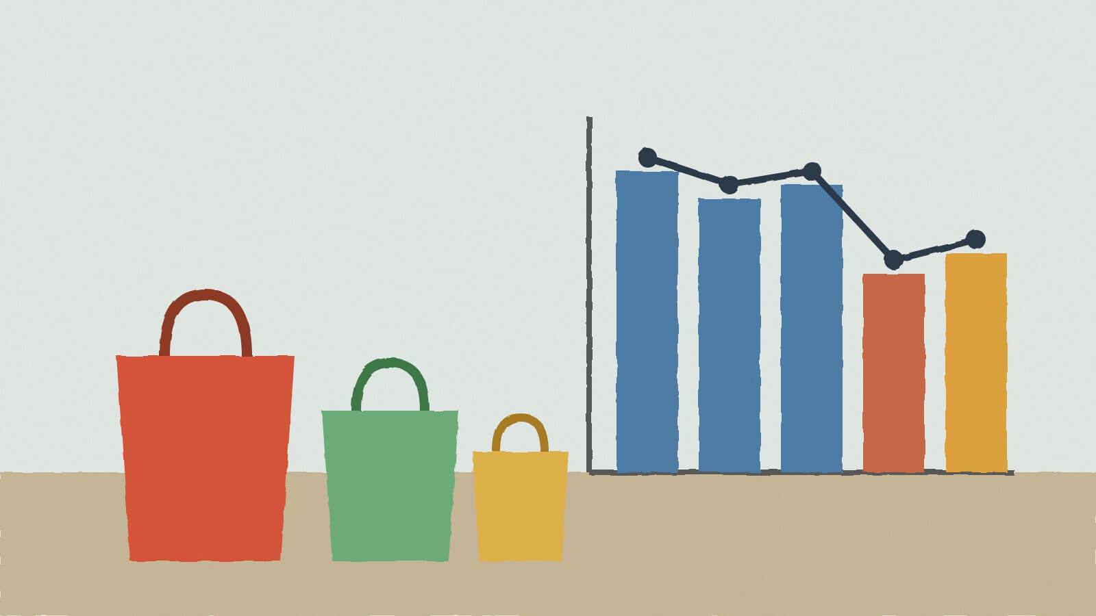 Shopping bags beside a falling bar chart - illustration, Jake Team LLC