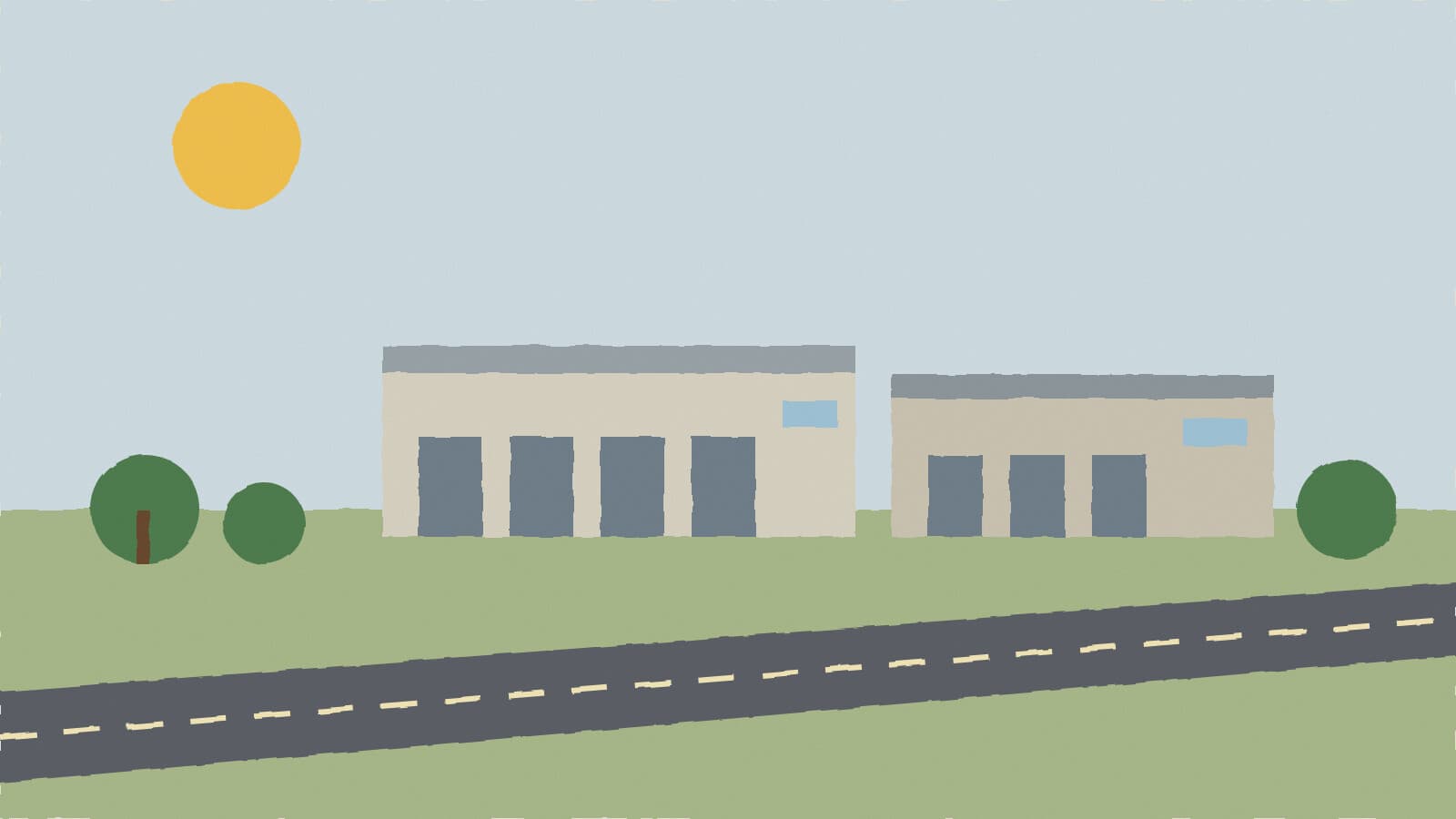 Low warehouses near a parkway - illustration, Jake Team LLC