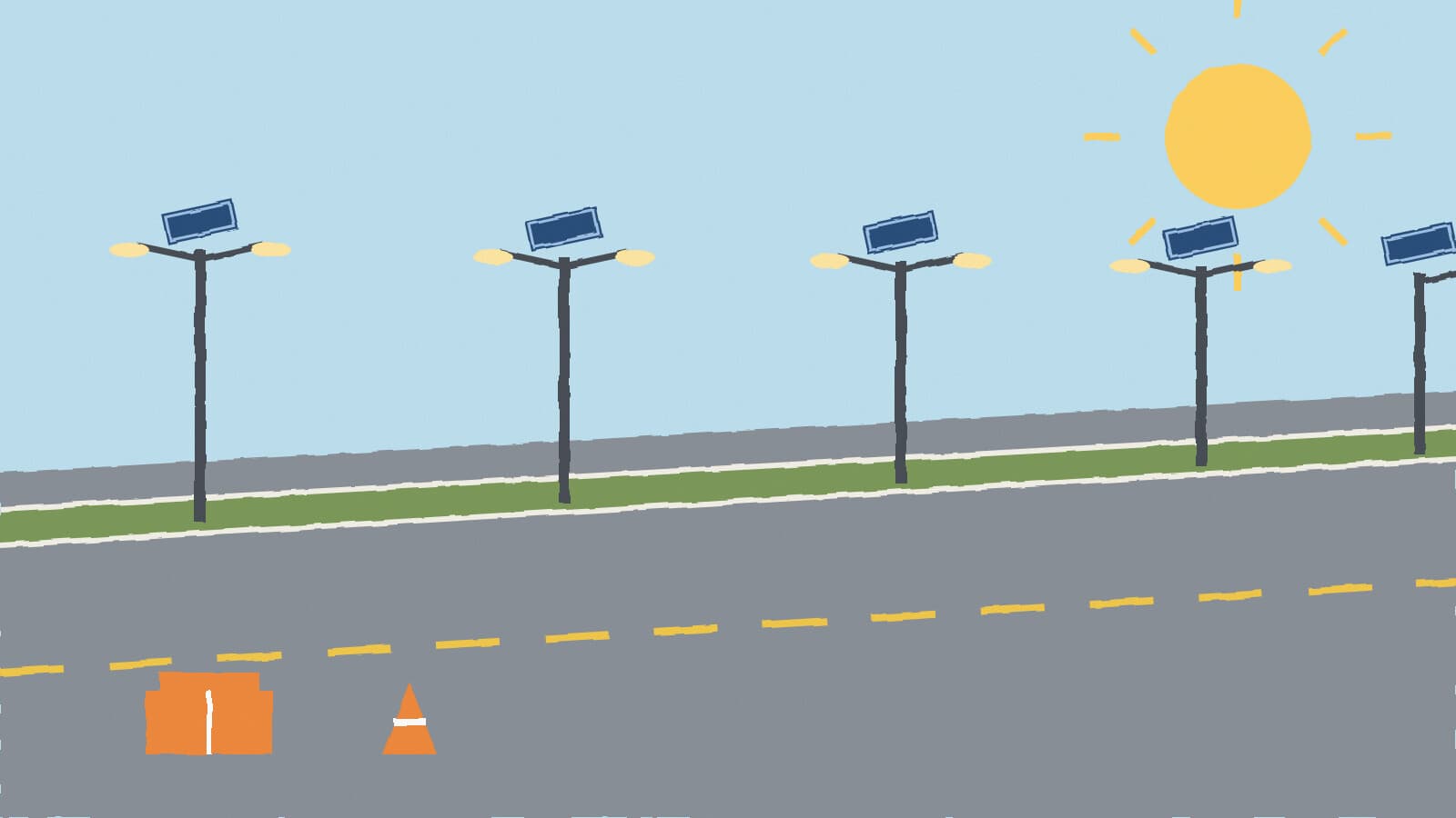 Solar streetlights along median - illustration, Jake Team LLC