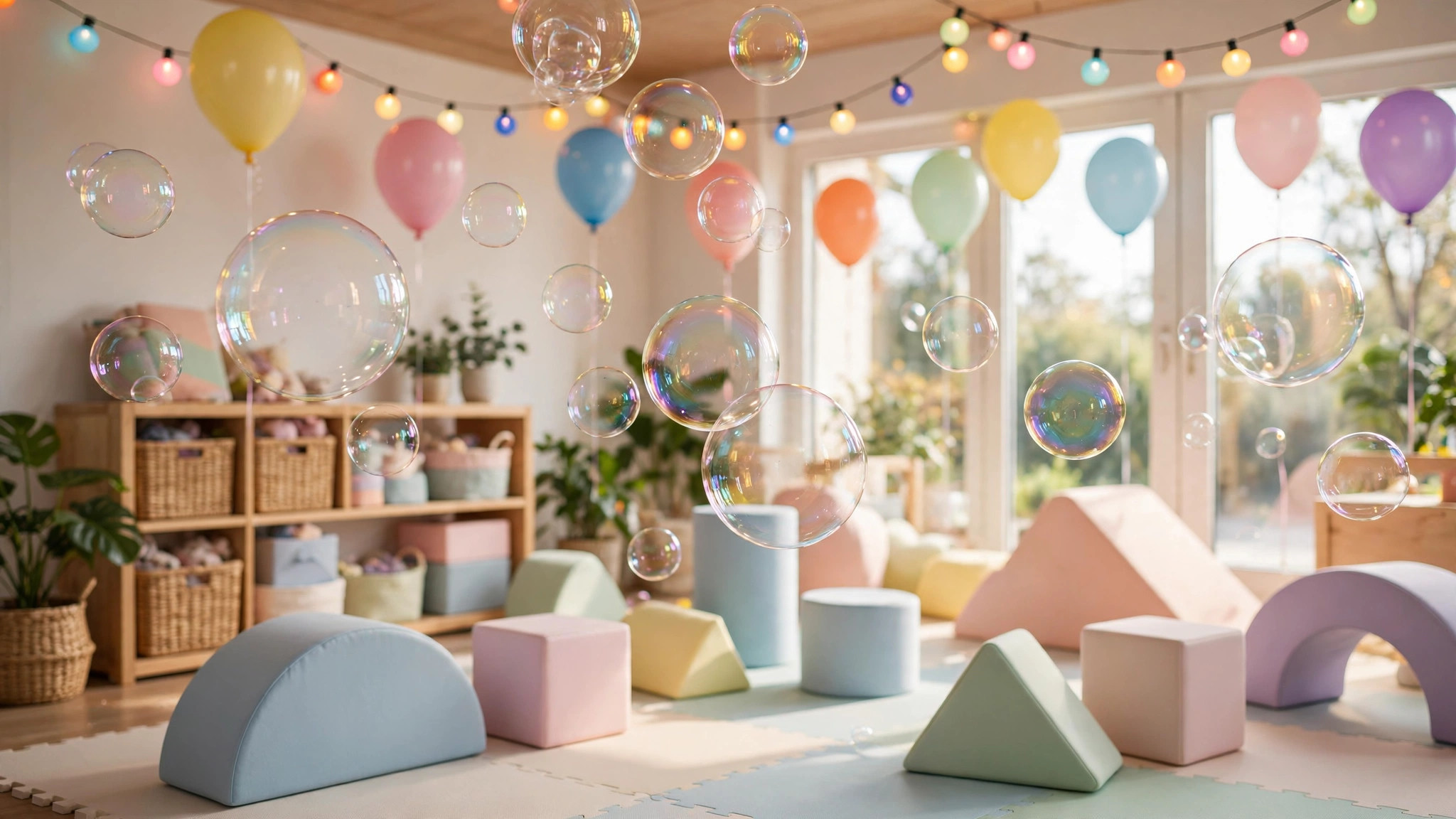 Colorful playroom with bubbles, balloons and soft play shapes - illustration