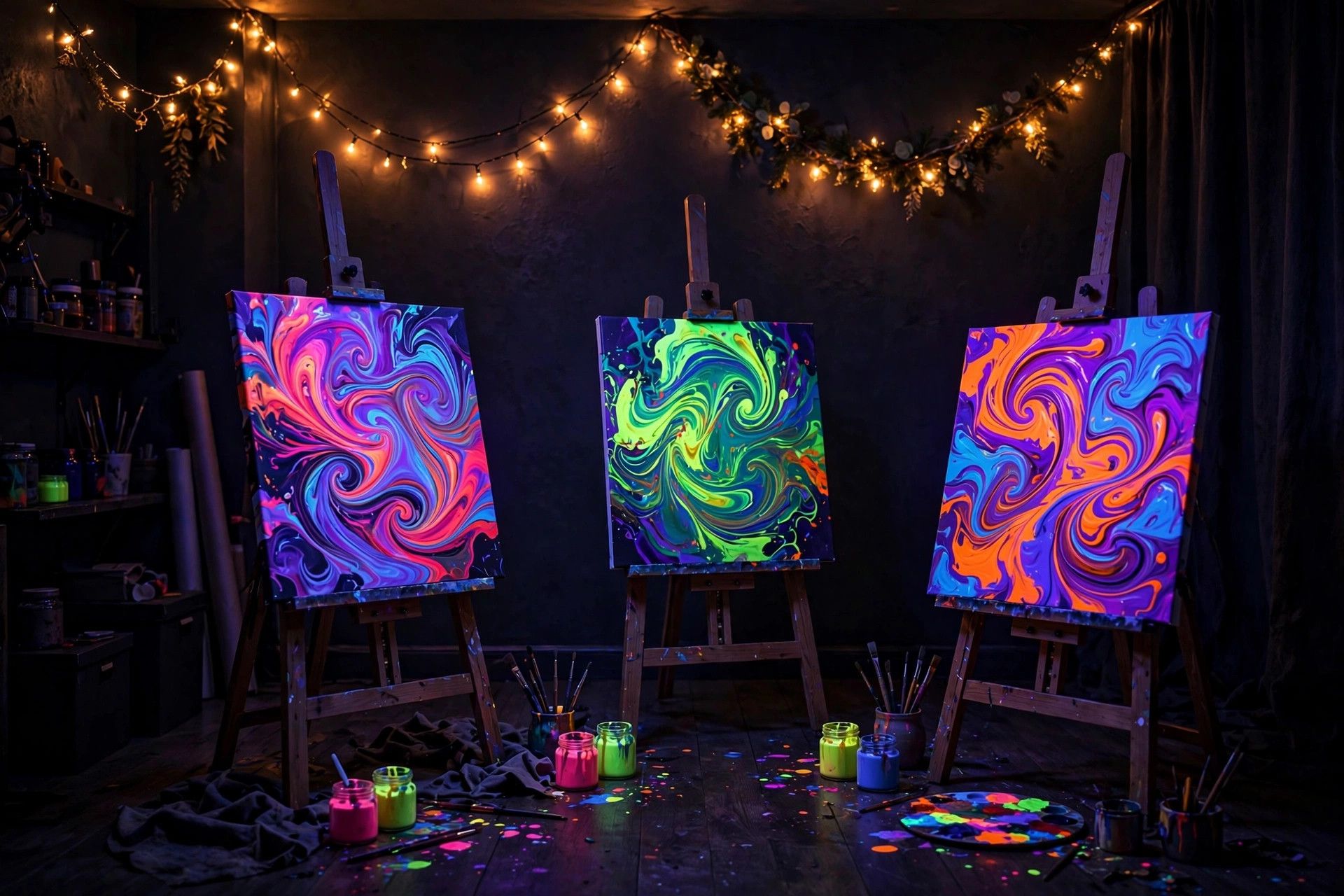 Dark art room with glowing neon paintings on easels - illustration