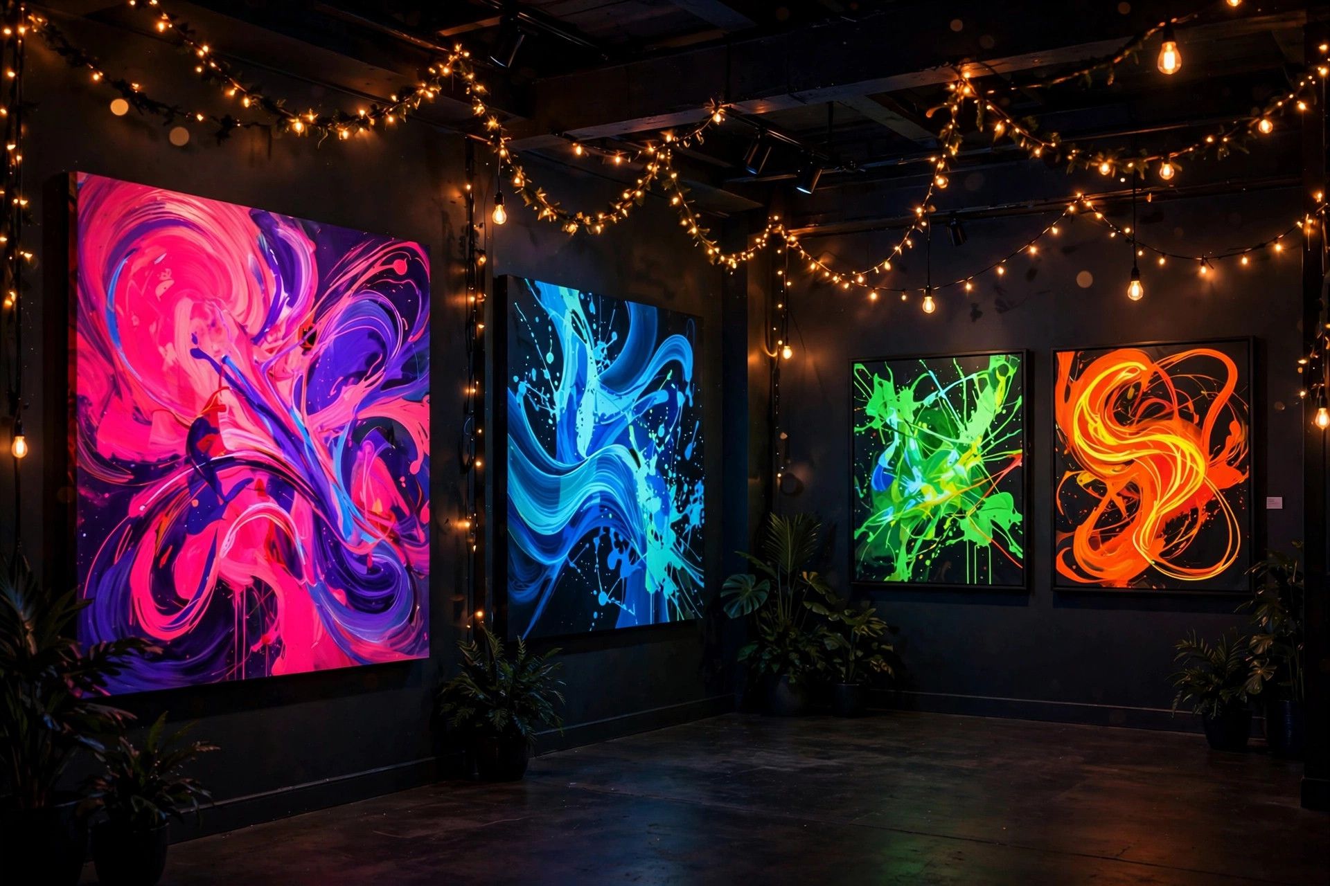 Glowing neon abstract paintings in a dark gallery - illustration