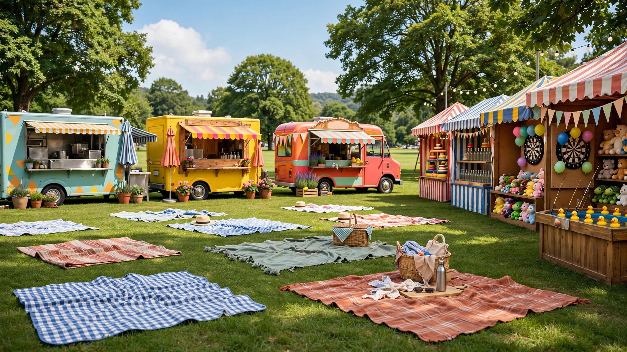 Outdoor lawn festival with food trucks and carnival games - illustration