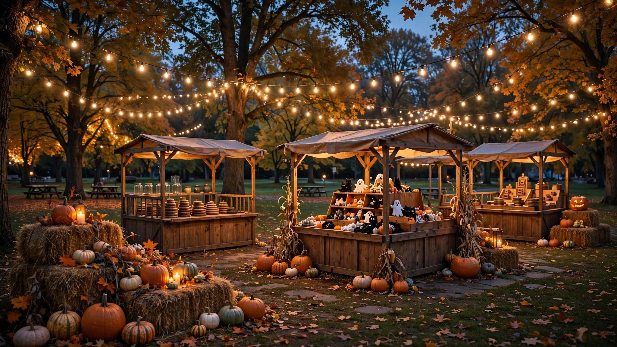 Park at dusk with hay bales, pumpkins and carnival booths - illustration