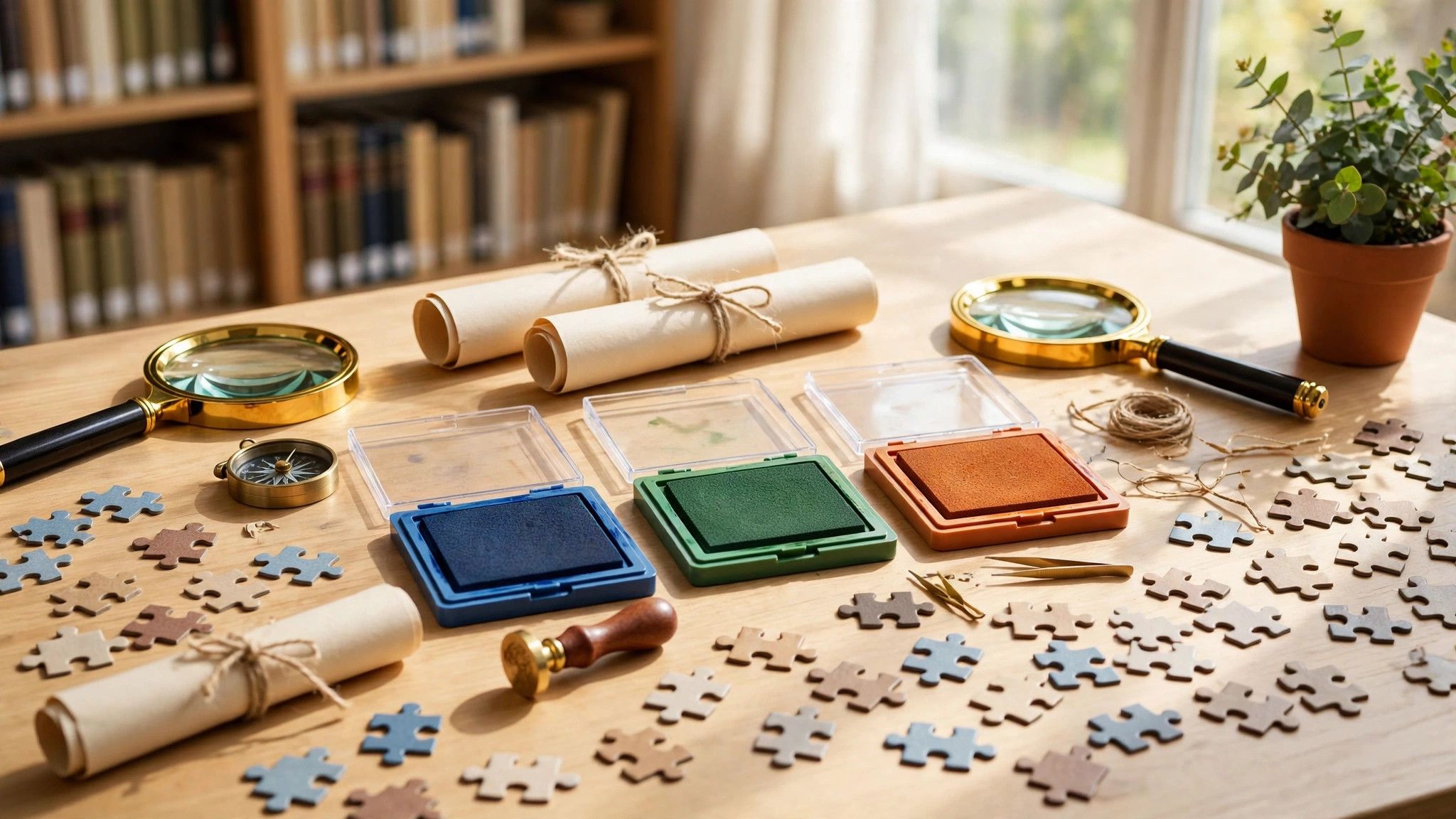 Kids craft table with magnifying glasses and secret-code papers - illustration