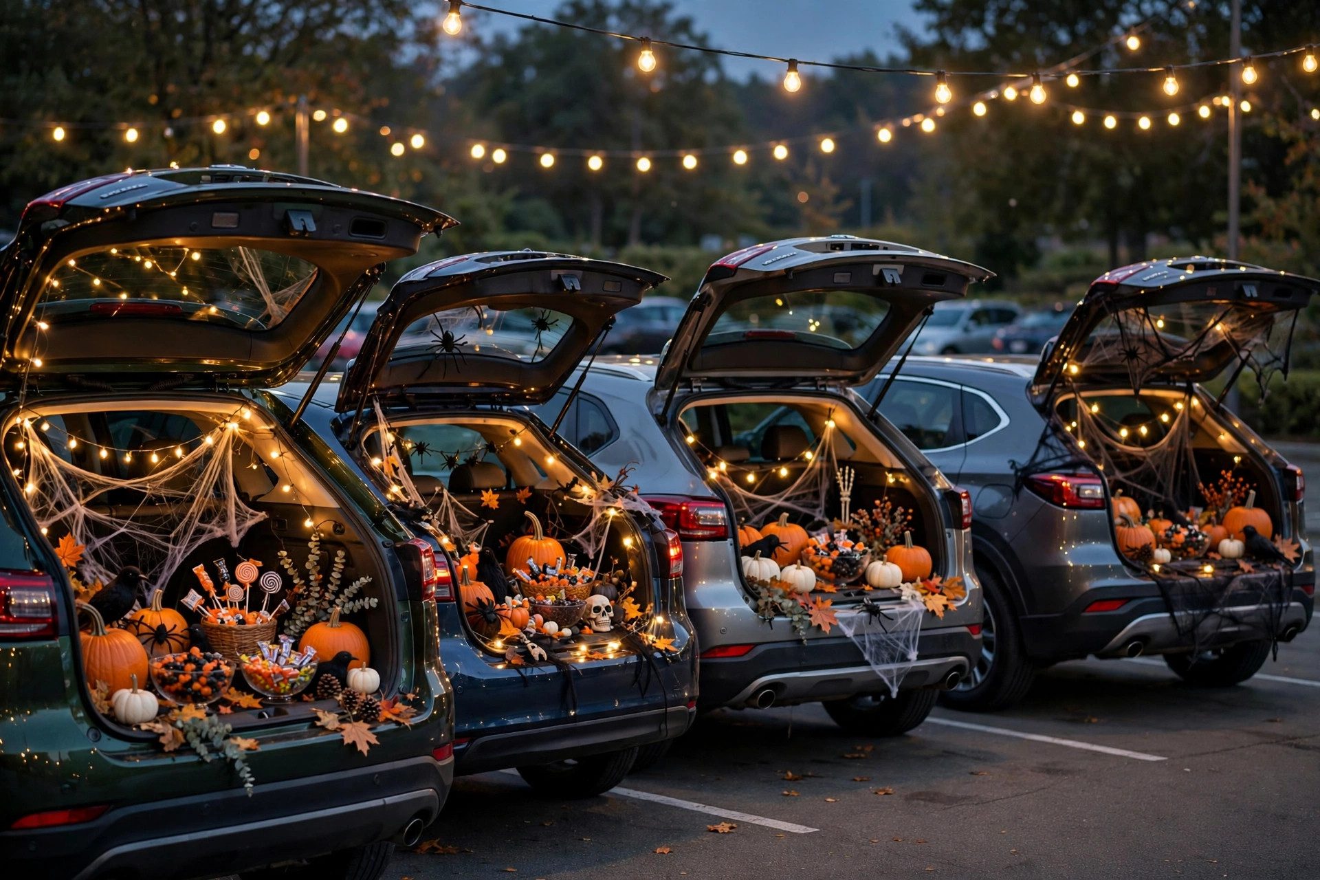 Decorated car trunks with Halloween treats at dusk - illustration