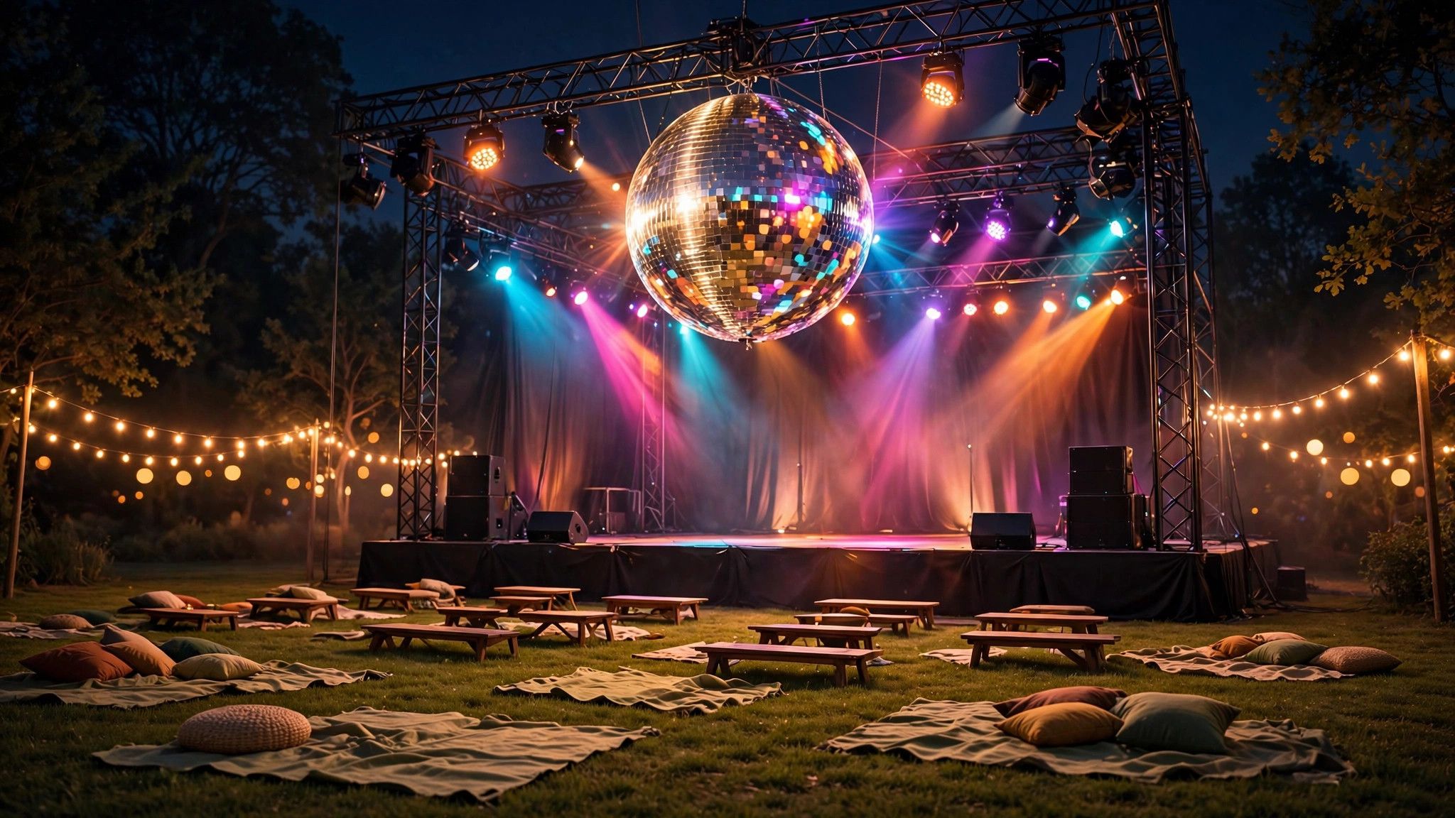 Outdoor stage with a disco ball and colorful lights at night - illustration