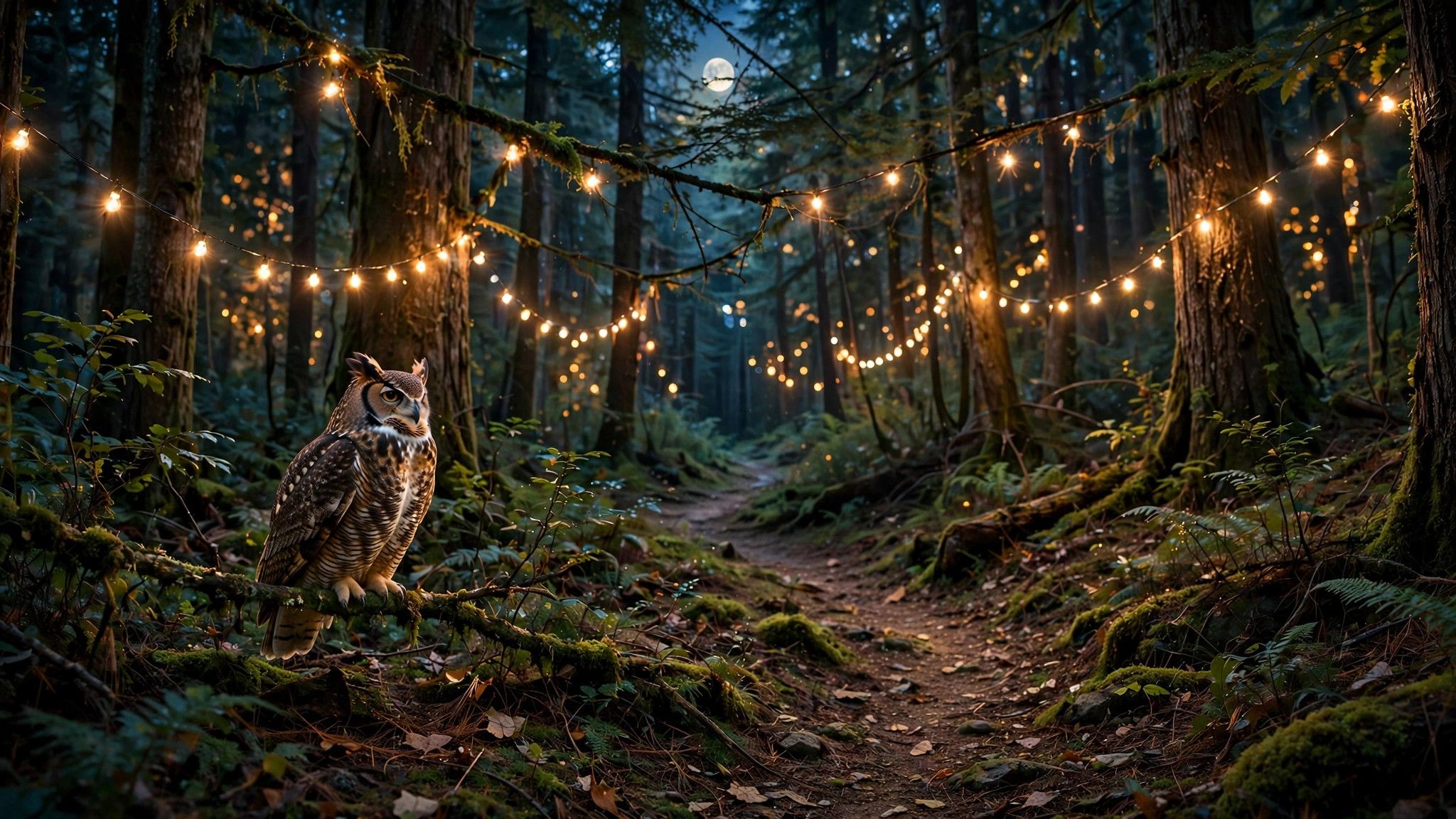 Moonlit forest trail with an owl perched on a branch - illustration