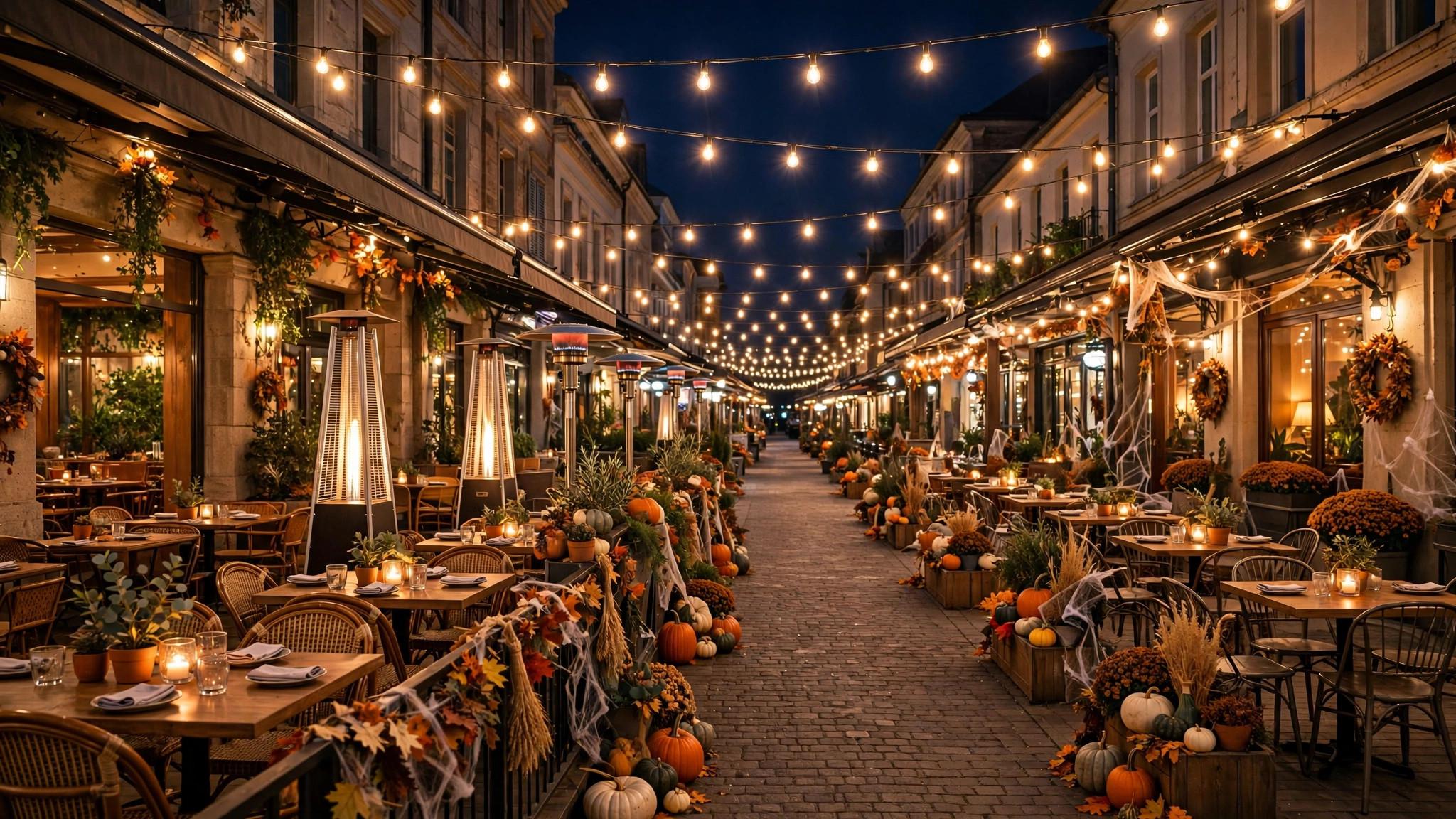 Outdoor shopping district at night with string lights and Halloween decor - illustration