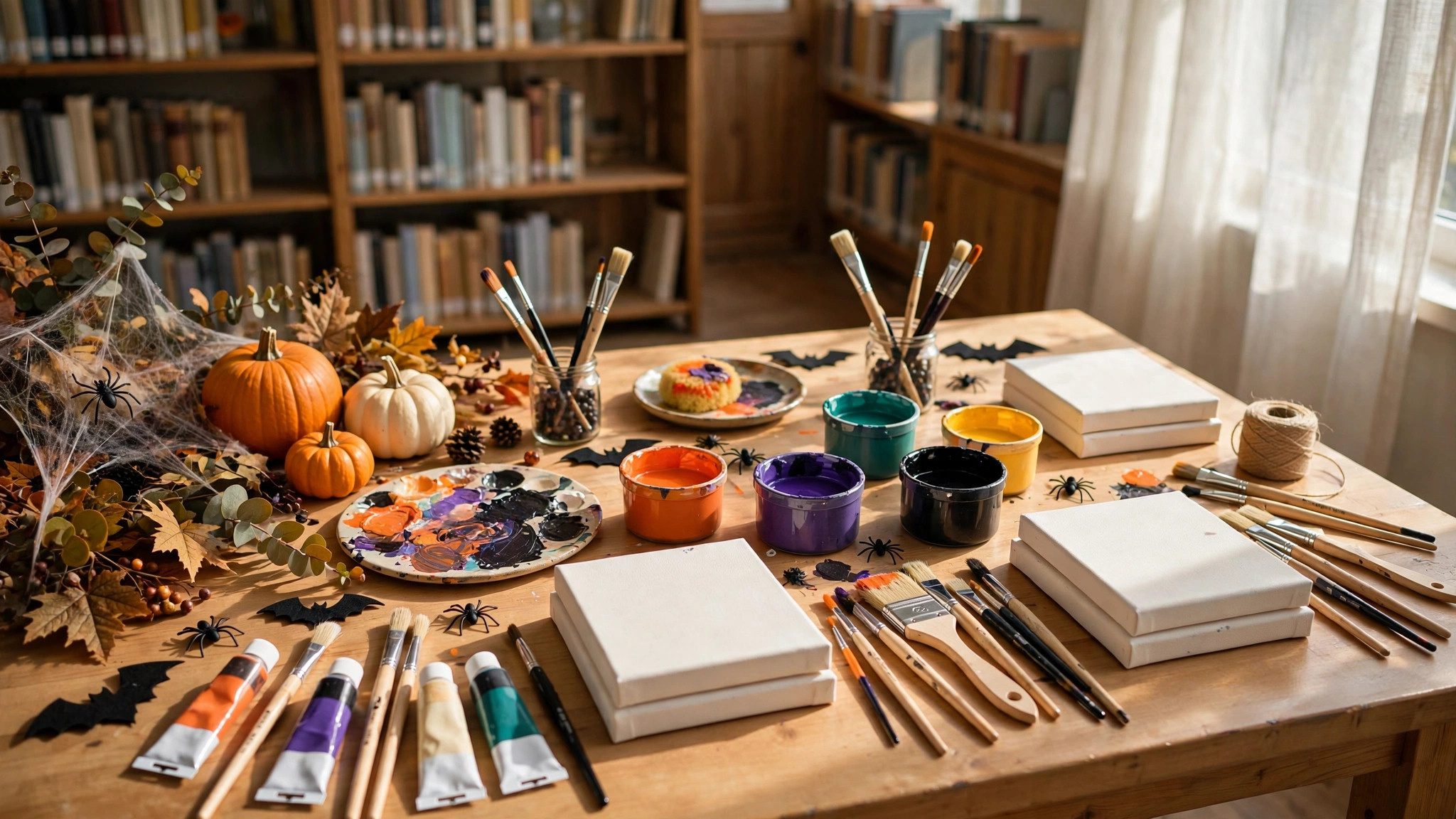 Art table with paint supplies and Halloween decorations - illustration