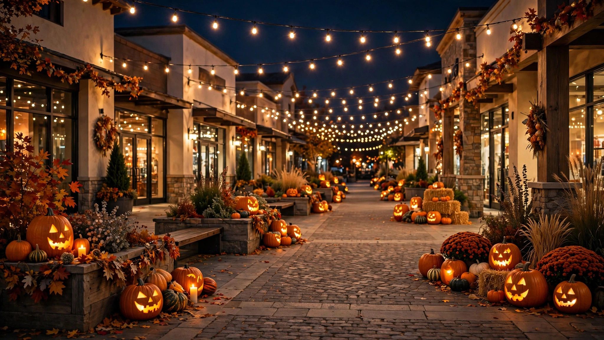 Festive outdoor plaza with jack-o-lanterns and string lights at night - illustration