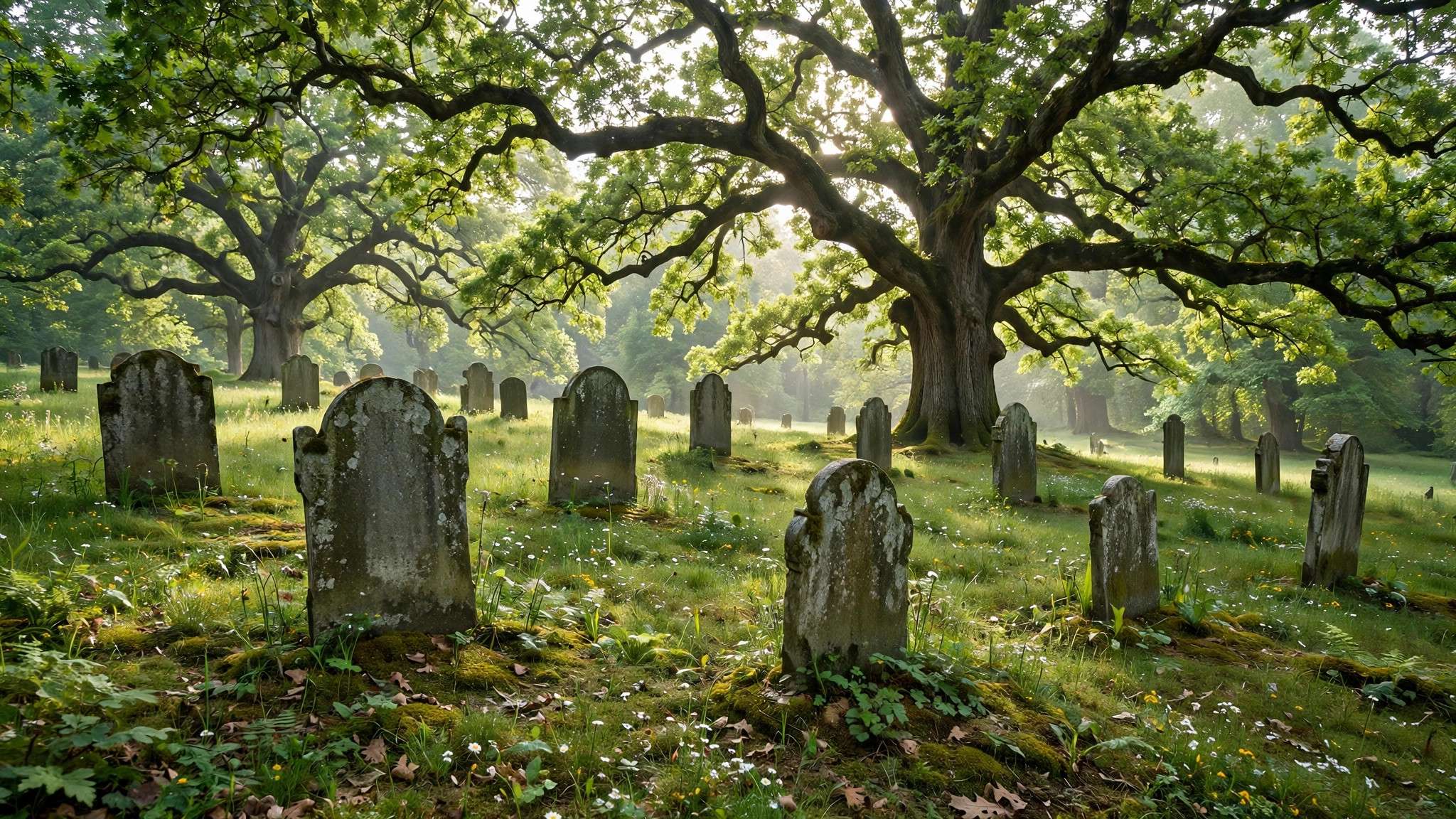 Historic cemetery with old headstones and oak trees in morning light - illustration